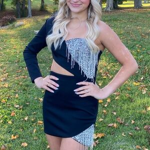 Elegant One Shoulder Black Dress with Silver Accents